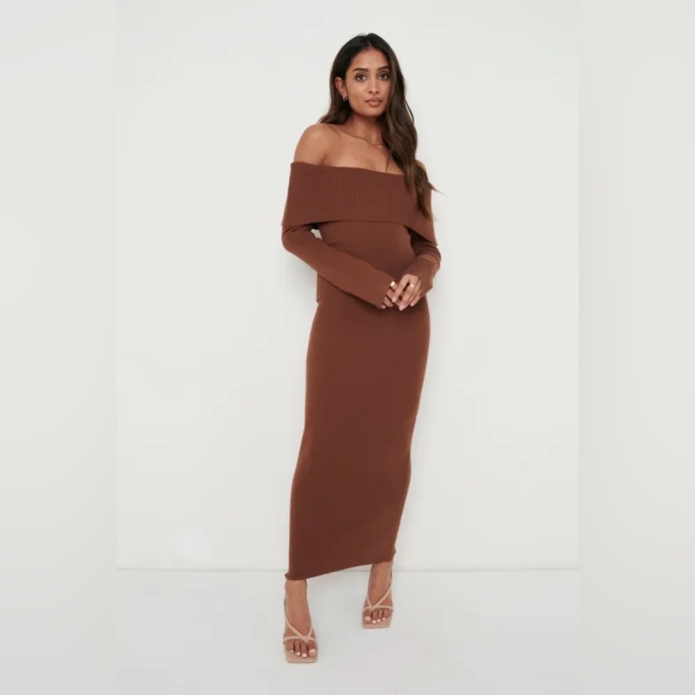 Pretty Lavish SOREYA BARDOT KNIT DRESS Size Large Brown